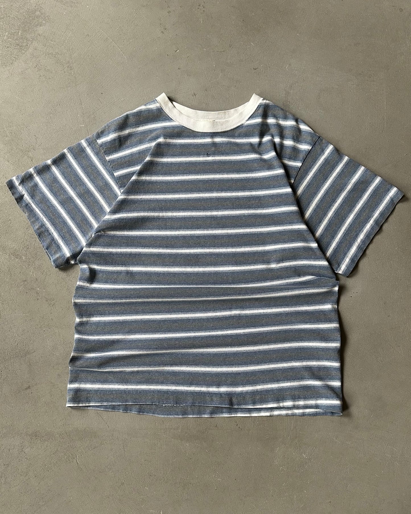 1990s - Distressed Blue/Grey Striped T-Shirt - L