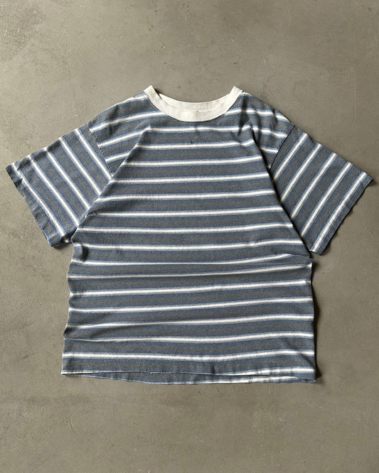 1990s - Distressed Blue/Grey Striped T-Shirt - L