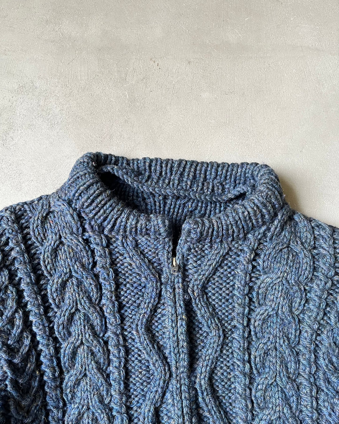 1960s - Blue Handknit Zip Up Sweater - M/L