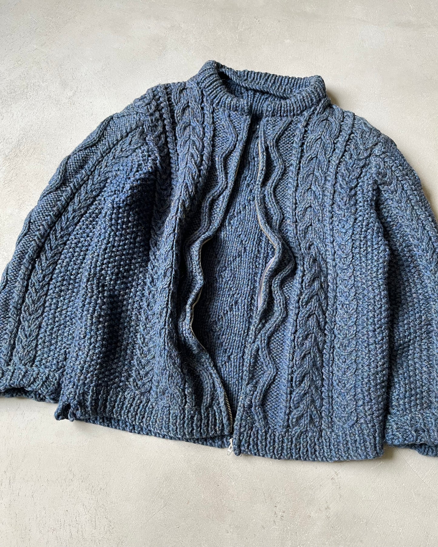 1960s - Blue Handknit Zip Up Sweater - M/L
