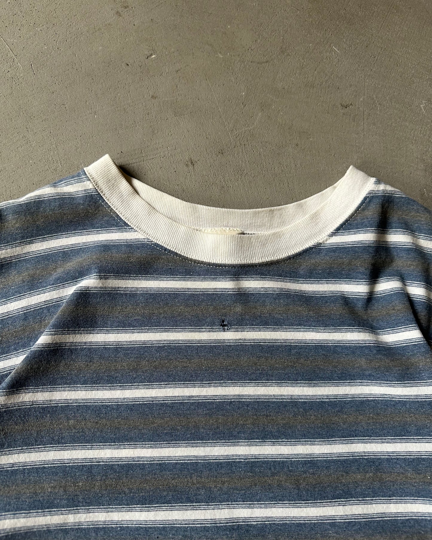 1990s - Distressed Blue/Grey Striped T-Shirt - L
