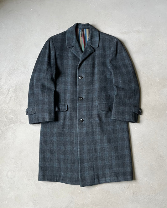 1960s - Navy/Black Plaid Wool Coat - S