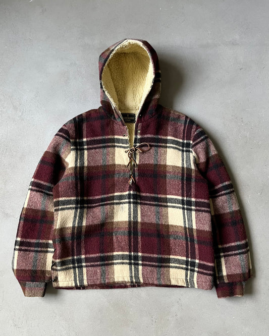 1970s - Burgundy/Cream Plaid Sherpa Pull Over Jacket - S