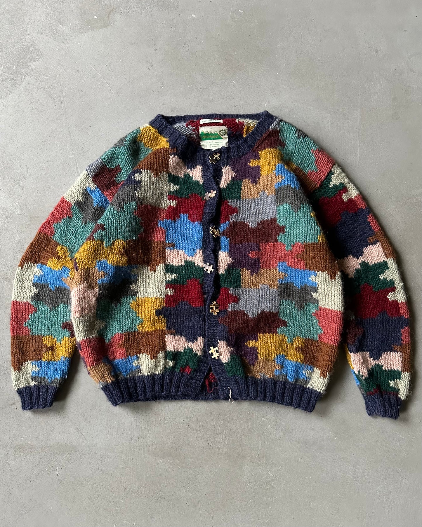1990s - Navy/Multi Wool Puzzle Cardigan - (W)XL