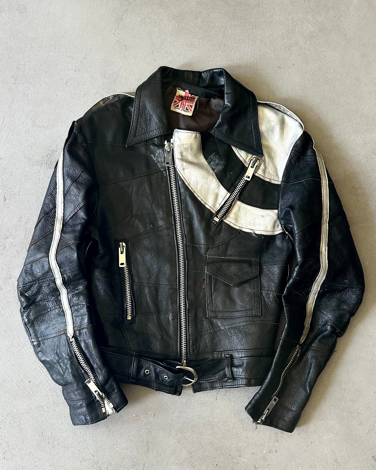 1970s - Distressed Black/Silver People For Peace Leather Moto Jacket - S