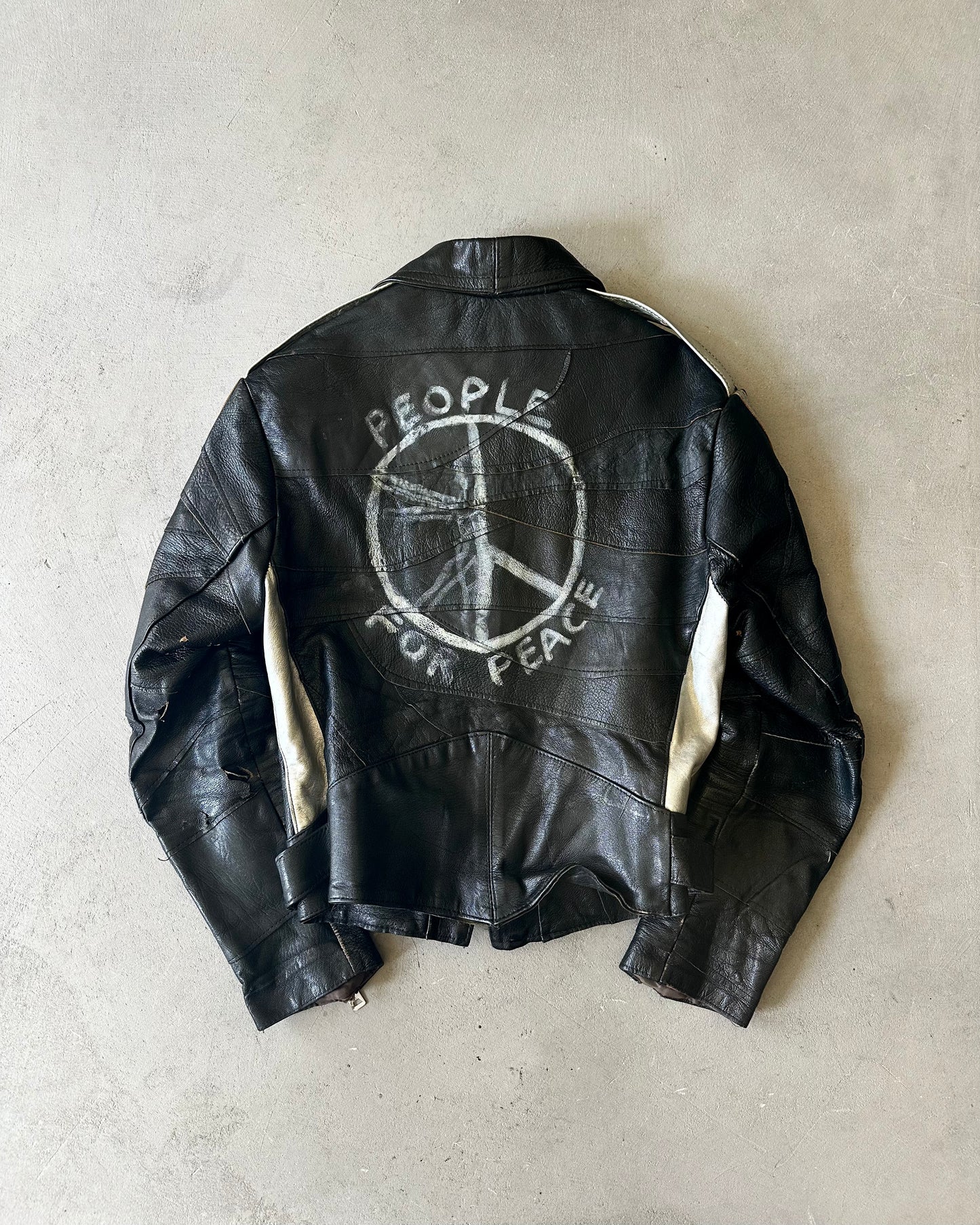 1970s - Distressed Black/Silver People For Peace Leather Moto Jacket - S