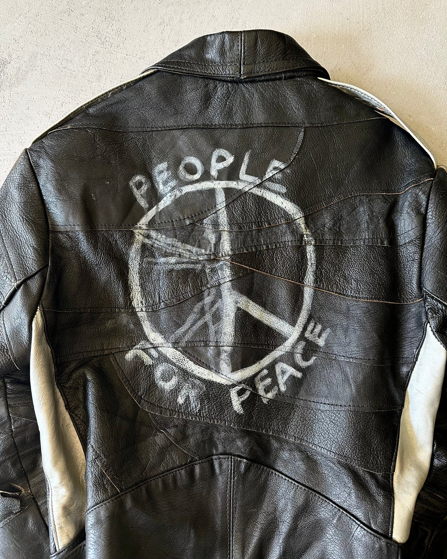 1970s - Distressed Black/Silver People For Peace Leather Moto Jacket - S