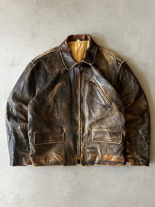 1990s - Distressed Brown Leather Jacket - L