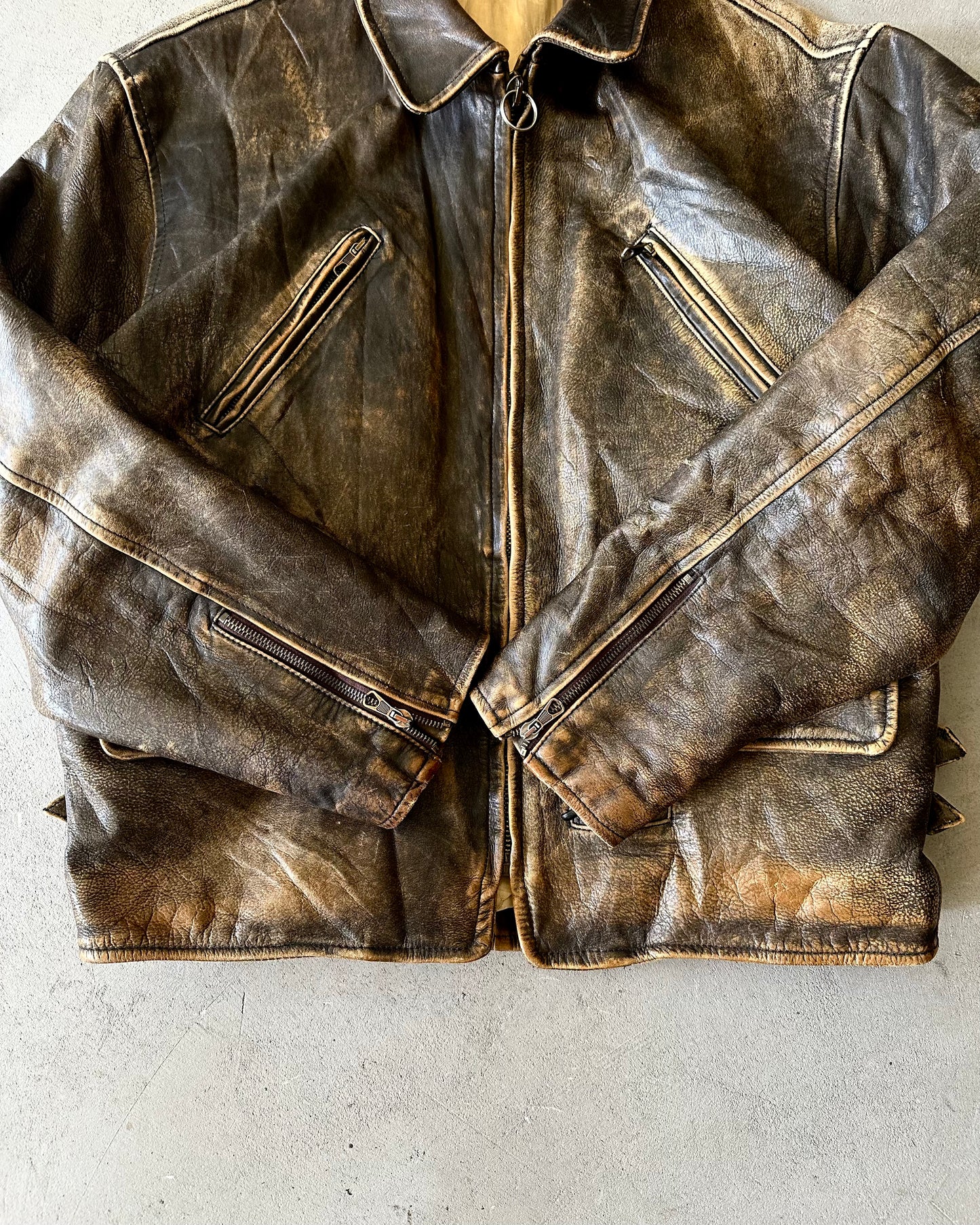 1990s - Distressed Brown Leather Jacket - L