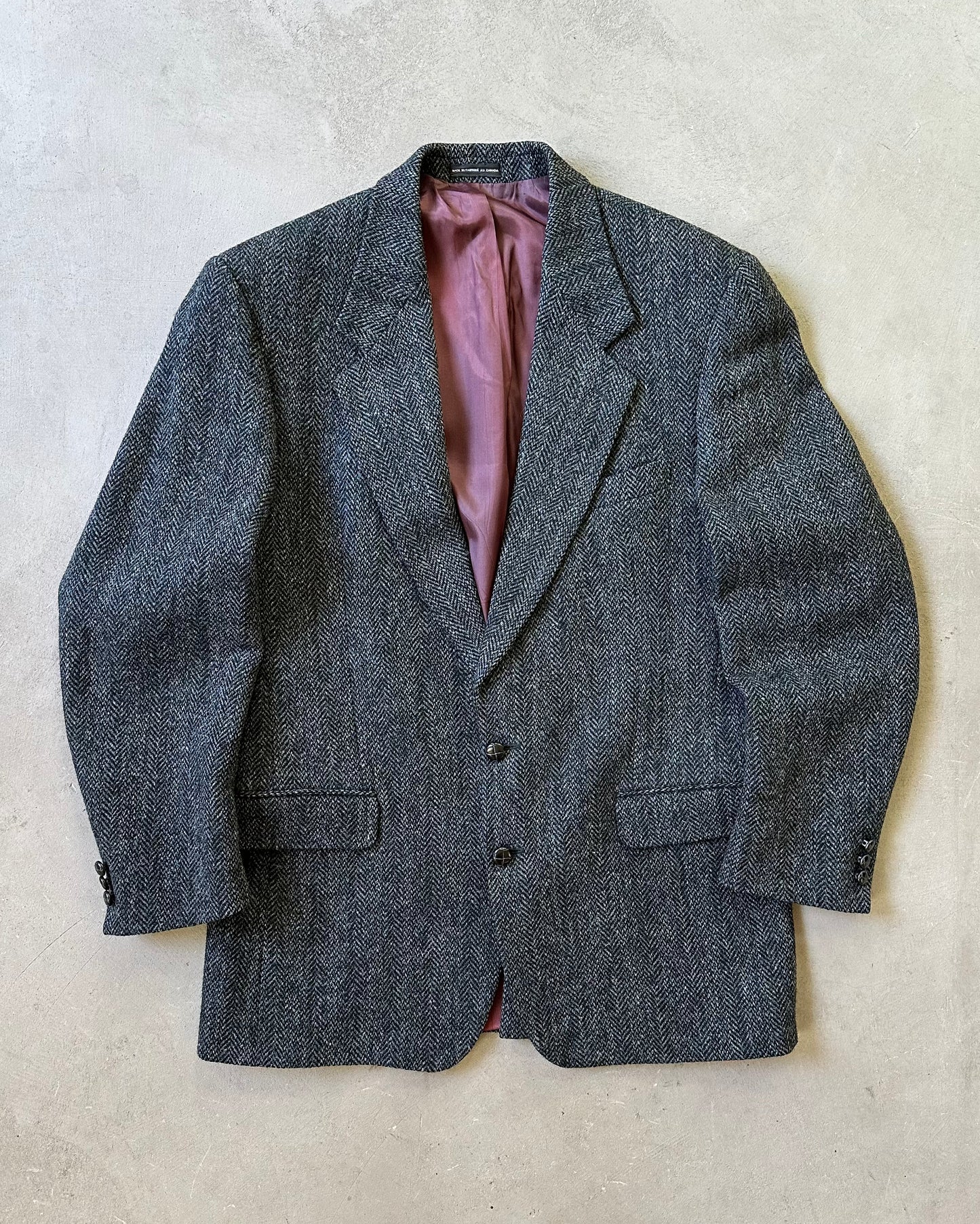 1990s - Distressed Black/Blue Harris Tweed Wool Blazer - 42