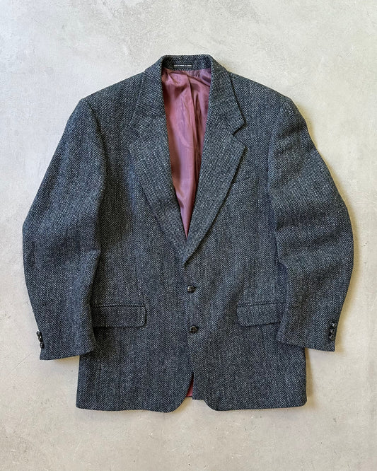 1990s - Distressed Black/Blue Harris Tweed Wool Blazer - 42