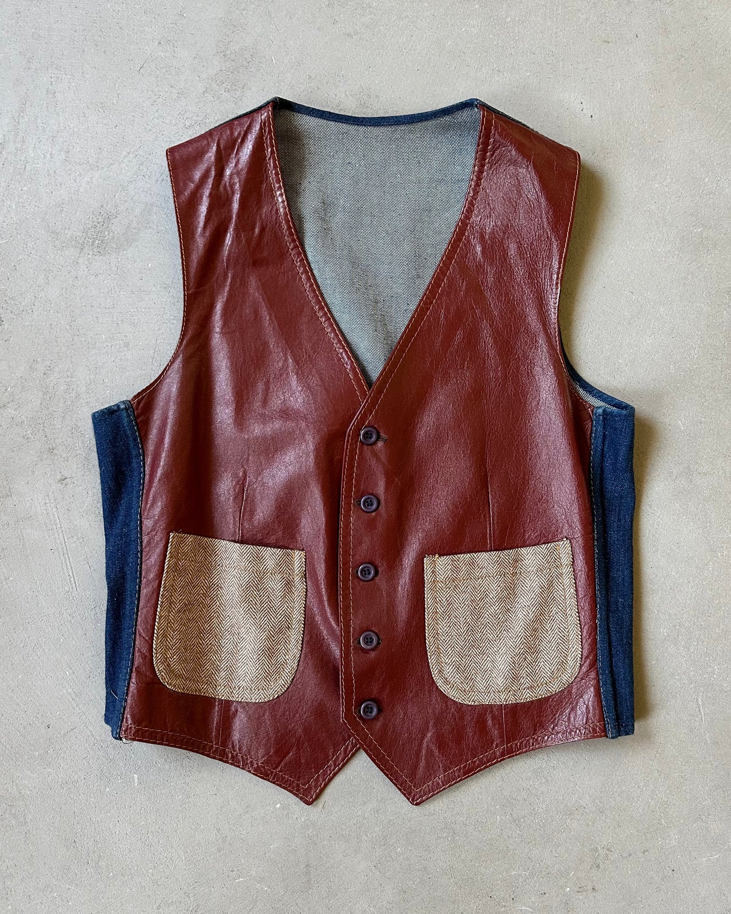 1980s - Burgundy/Denim Handmade Vest - M