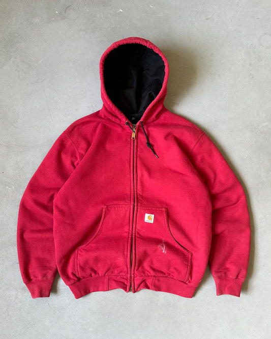 1990s - Distressed Red Carhartt Zip Up Hoodie - M