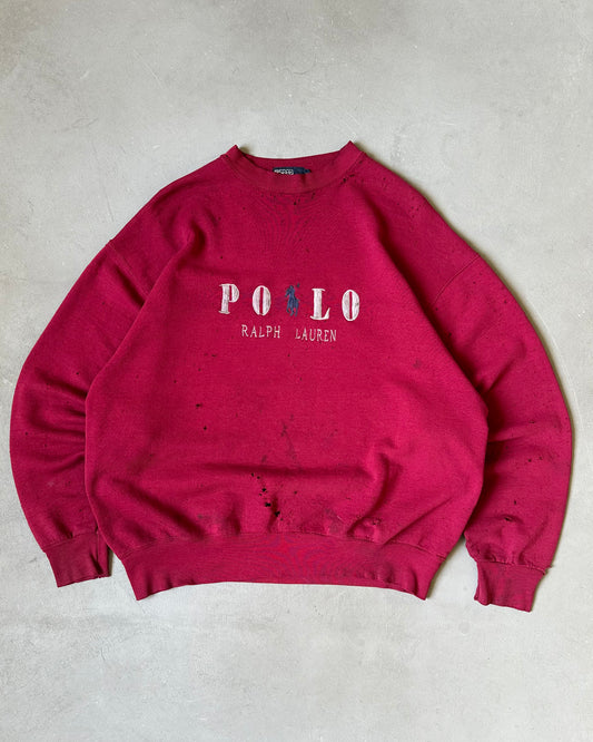 1990s - Distressed Burgundy Polo RL Crewneck - L/XL