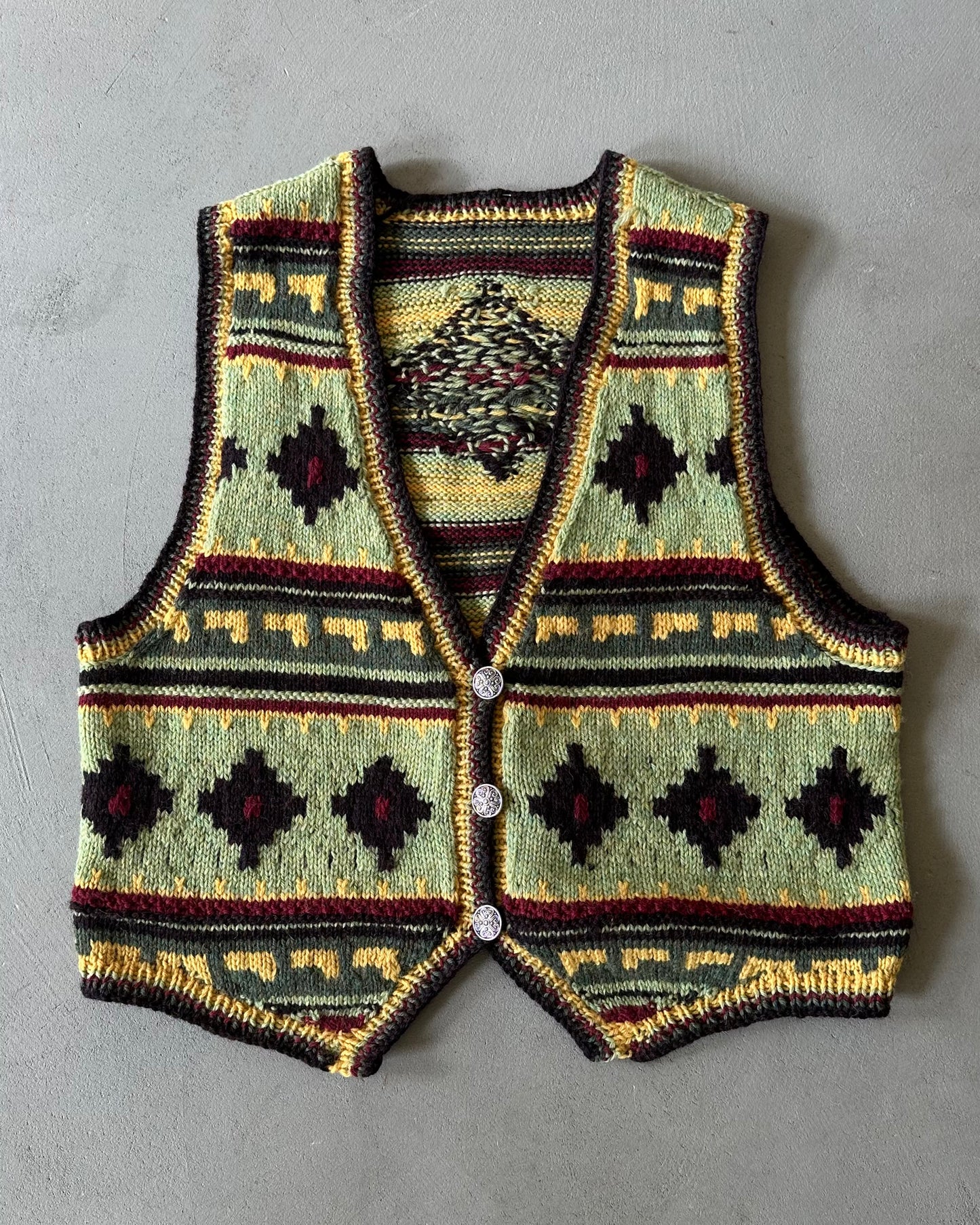 1990s - Green/Yellow Aztec Wool Women's Sweater Vest - (W)L