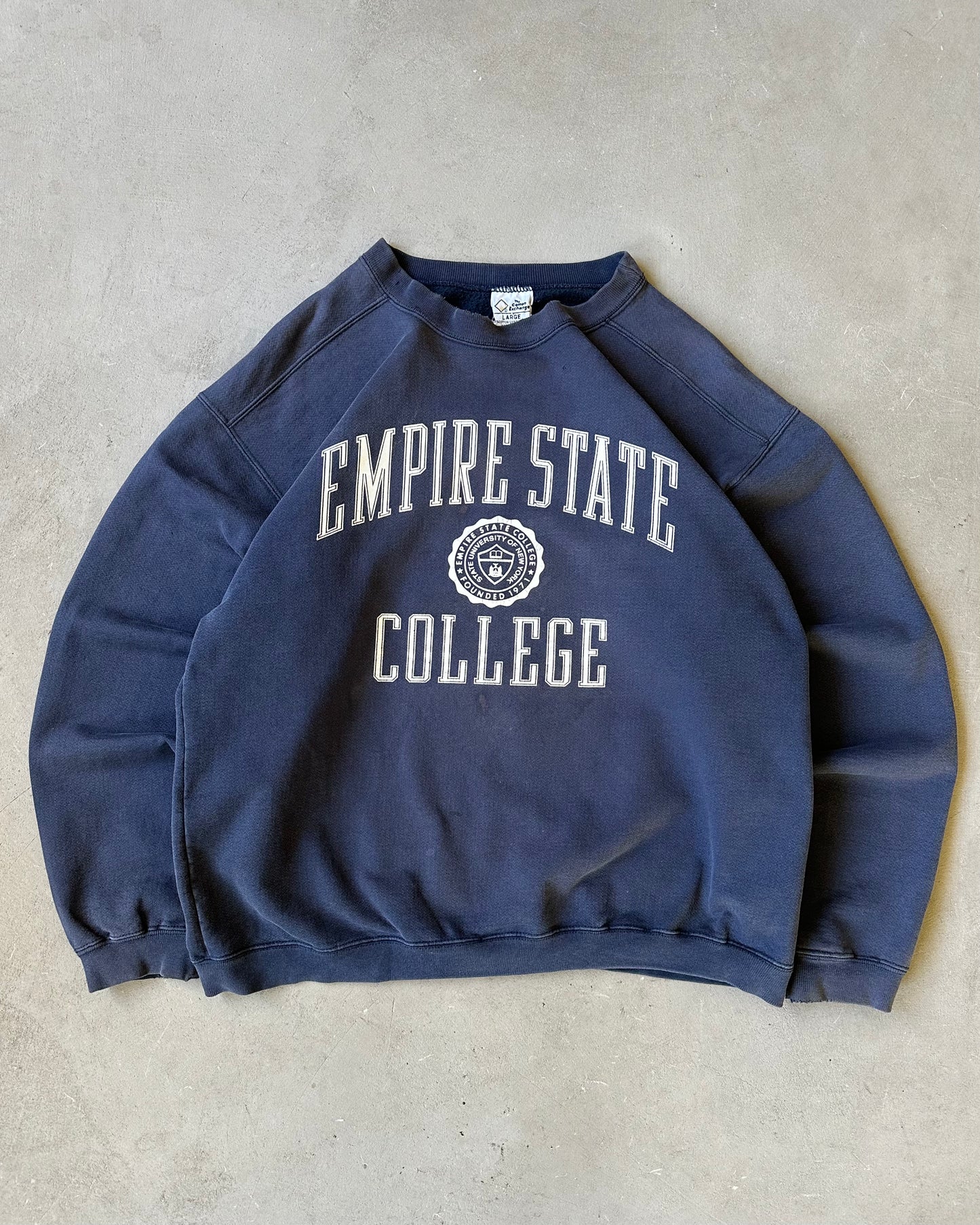 1990s - Distressed Navy Empire State College Crewneck - L