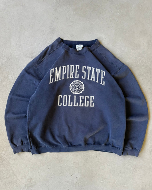1990s - Distressed Navy Empire State College Crewneck - L