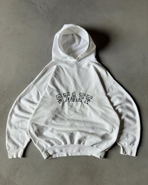 1990s - White Distressed "STAFF" Hoodie - S