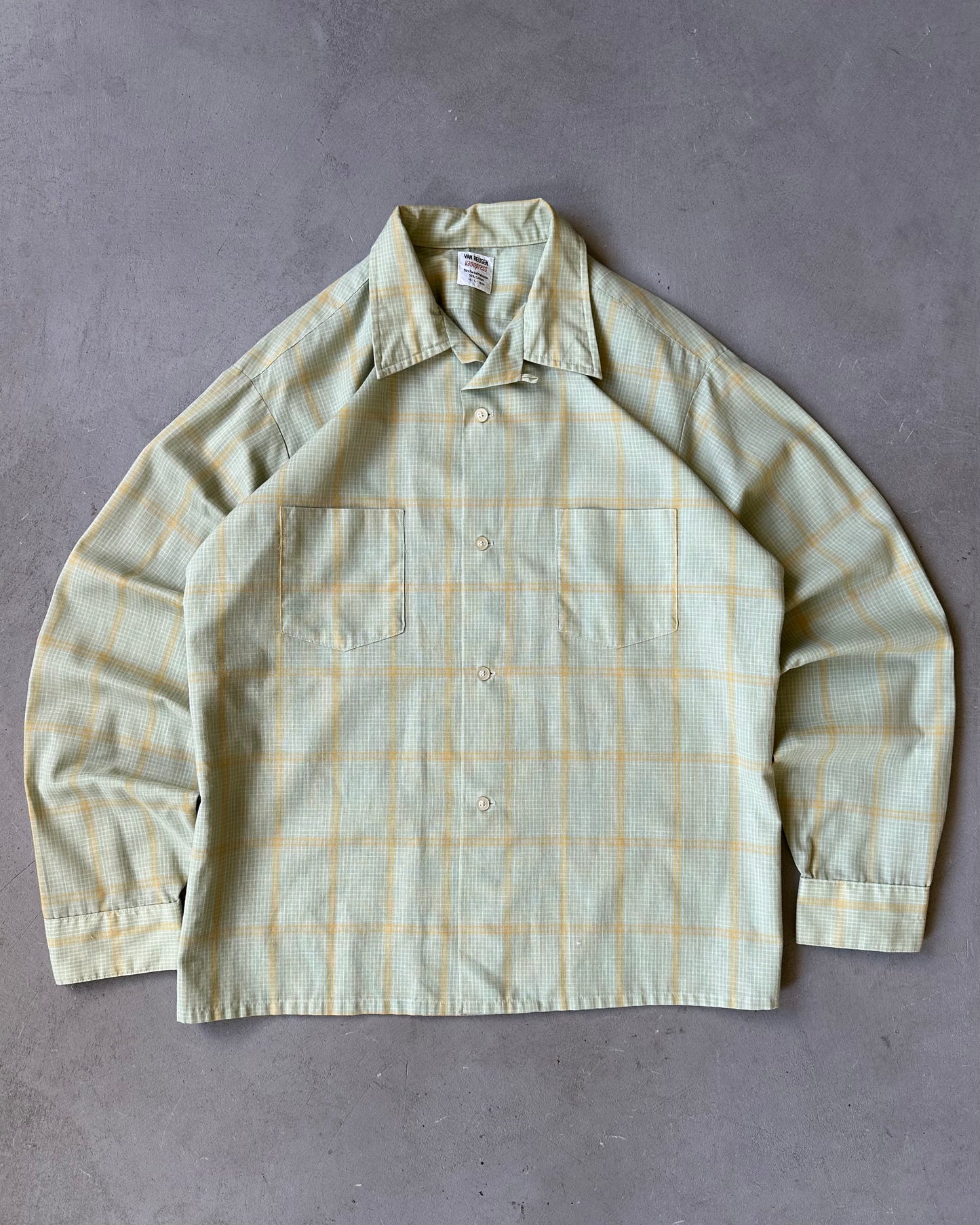 1970s - Light Green/Yellow Van Heusen Shirt - L