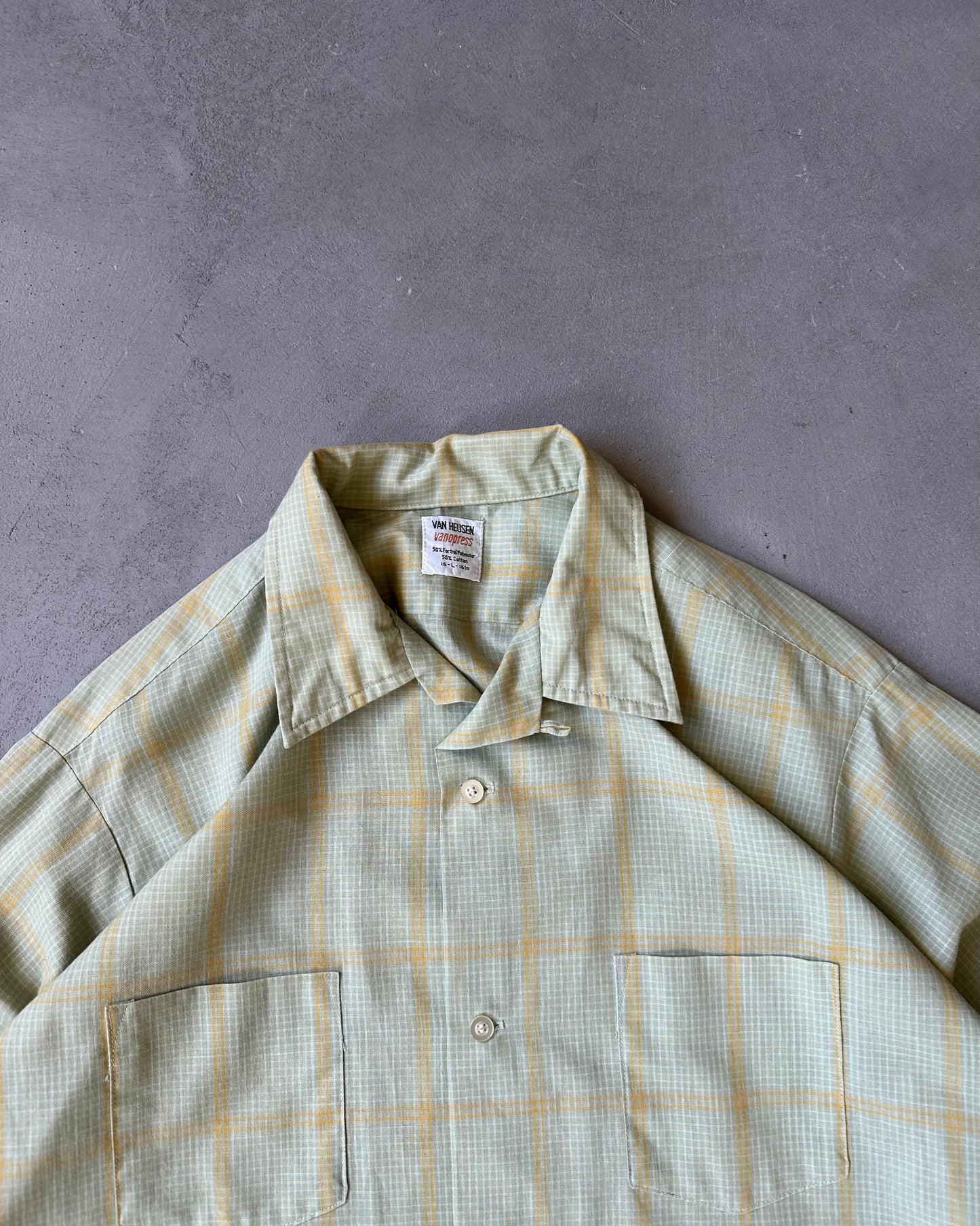 1970s - Light Green/Yellow Van Heusen Shirt - L