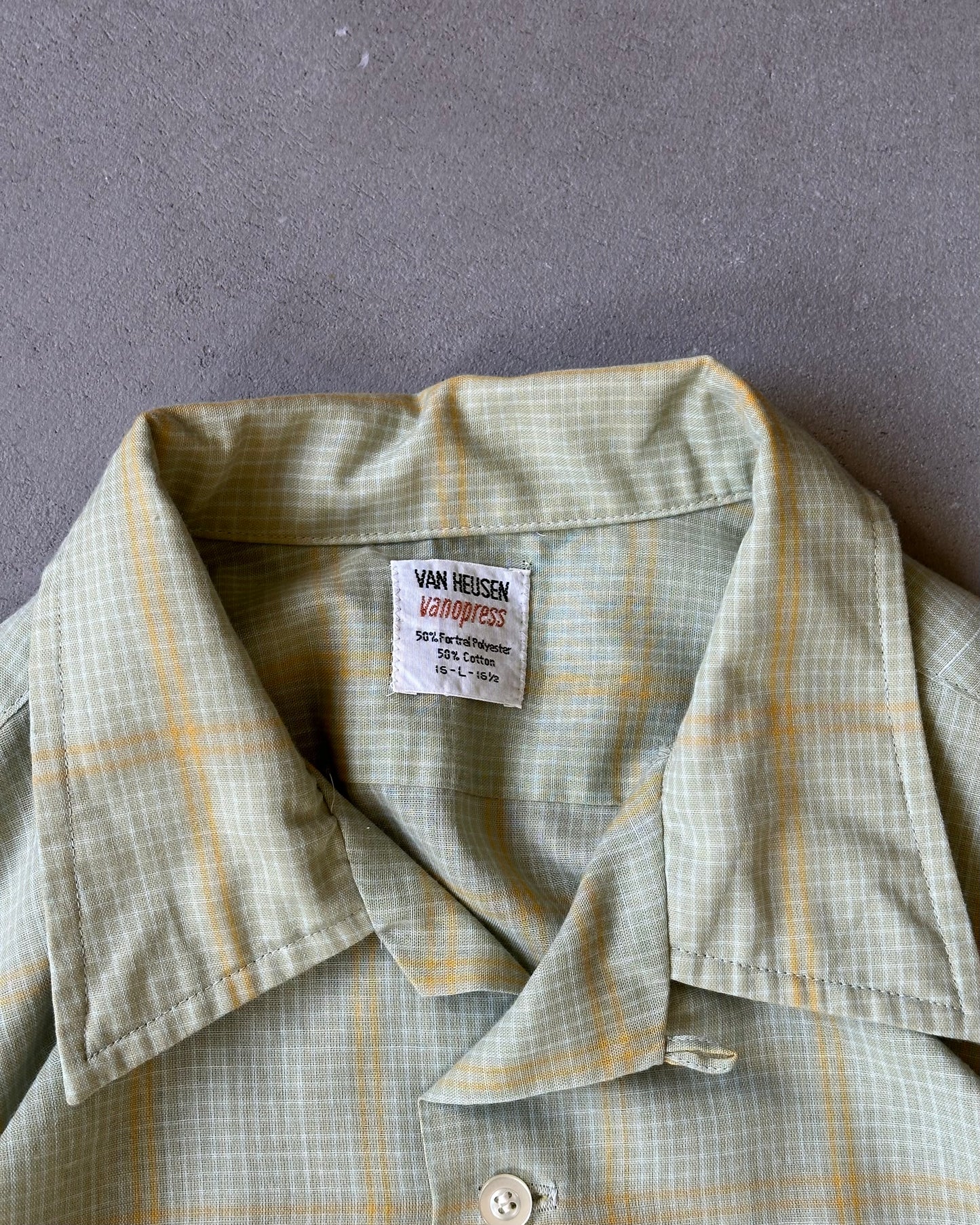 1970s - Light Green/Yellow Van Heusen Shirt - L