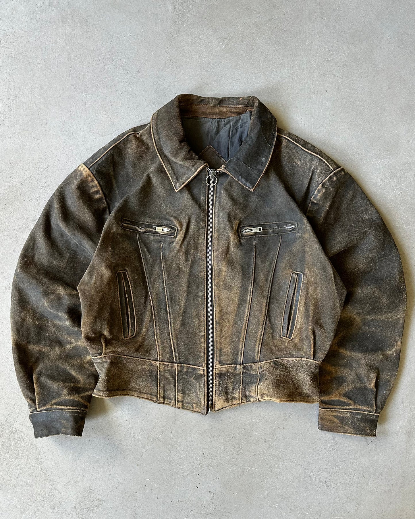 1980 - Distressed Brown Biker Leather Jacket - L/XL