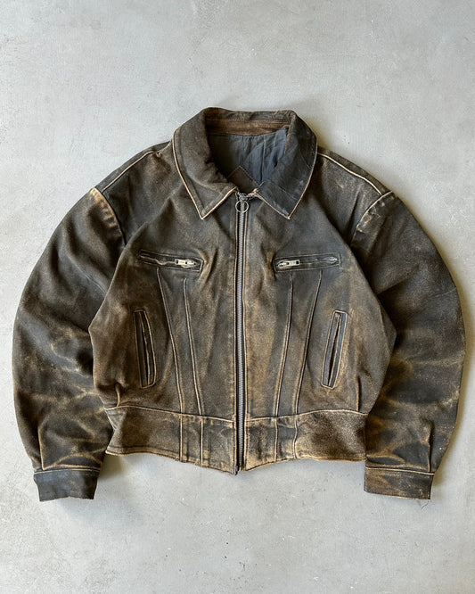 1980 - Distressed Brown Biker Leather Jacket - L/XL