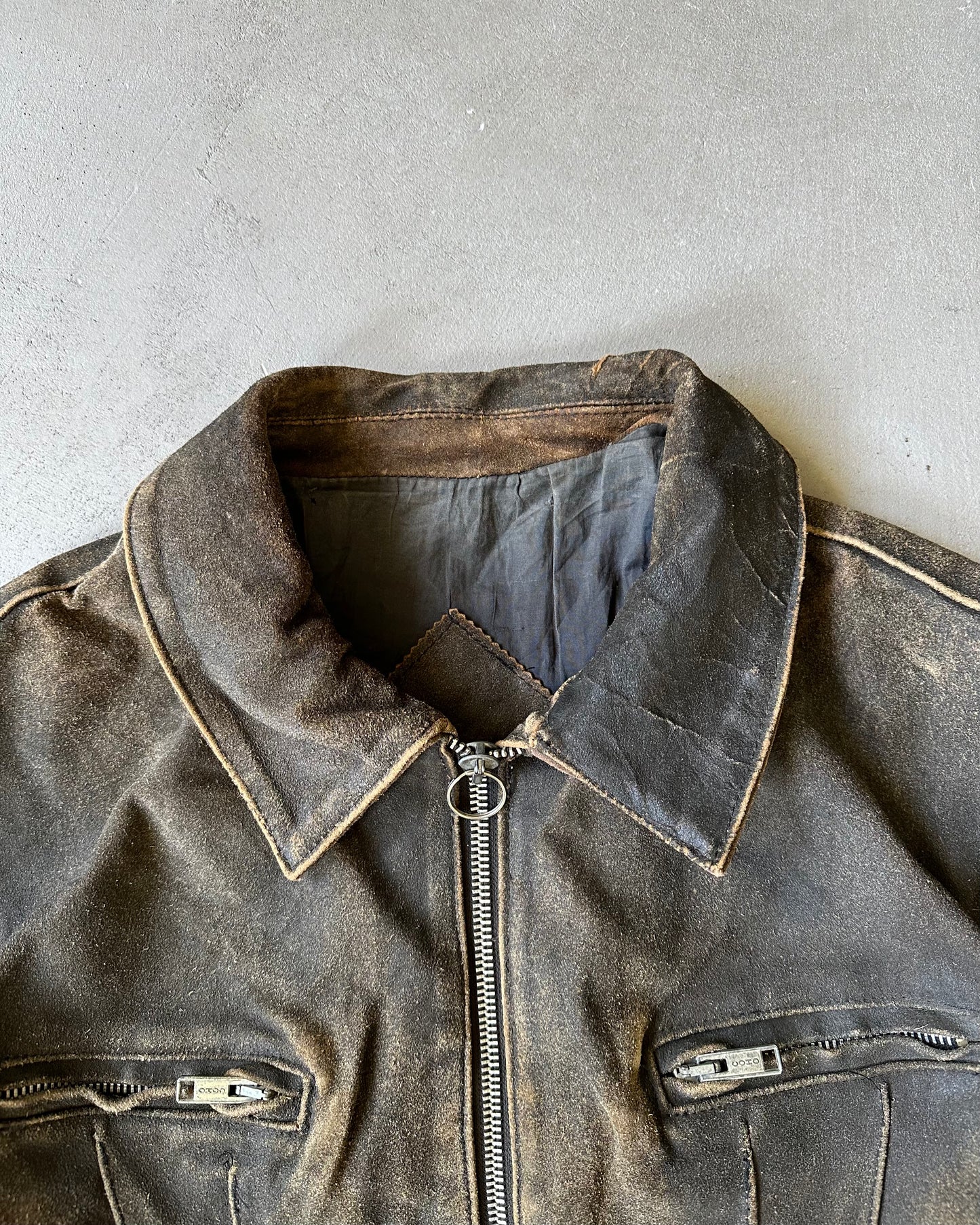 1980 - Distressed Brown Biker Leather Jacket - L/XL