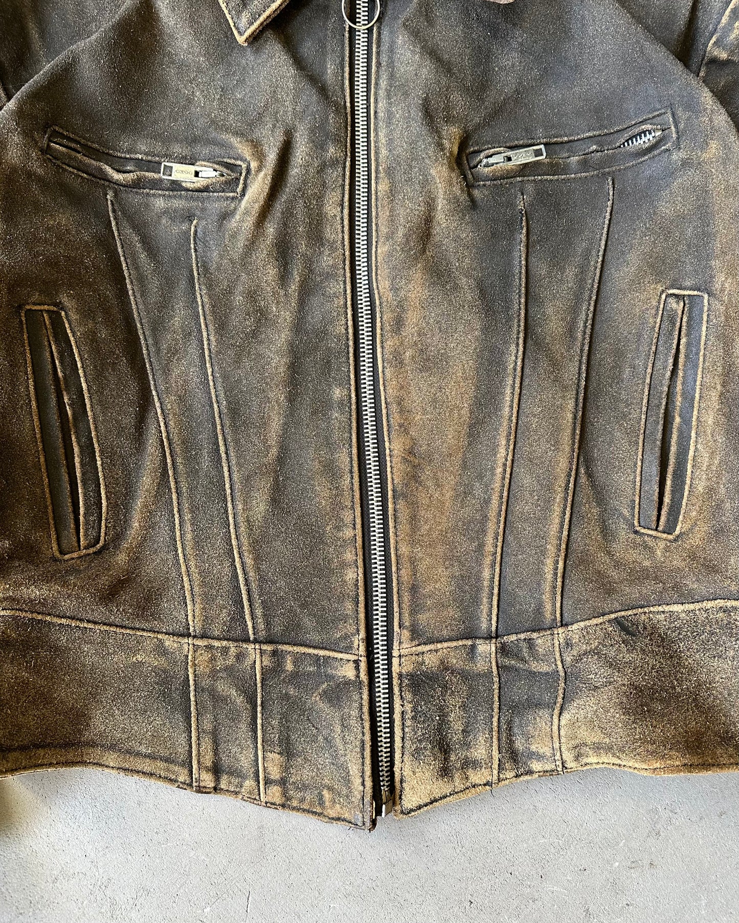 1980 - Distressed Brown Biker Leather Jacket - L/XL