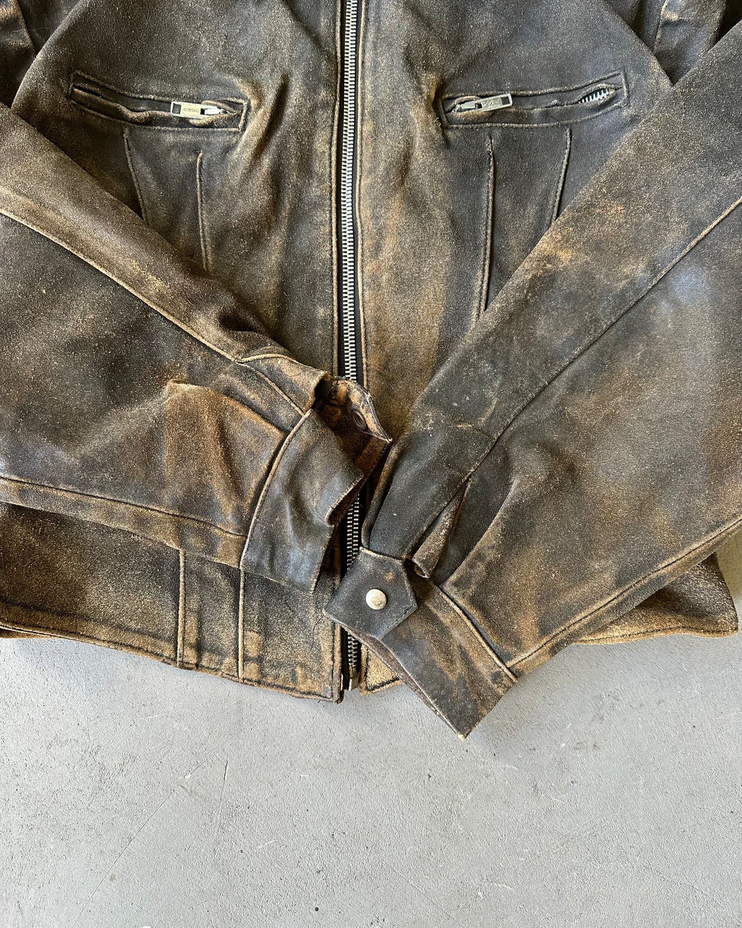 1980 - Distressed Brown Biker Leather Jacket - L/XL