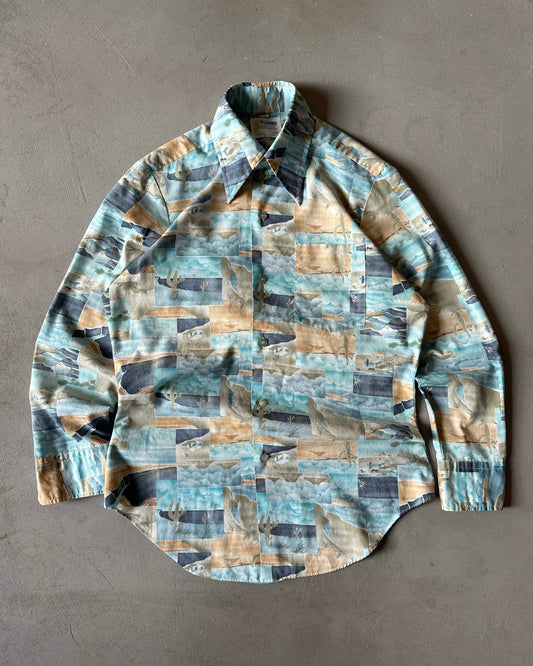 1980s - Blue/Beige Cactus Button Up - S