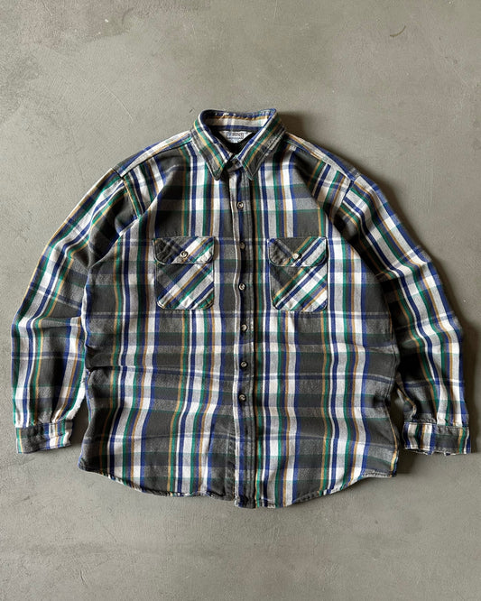 1990s - Distressed Grey/Green Plaid Flannel - XL