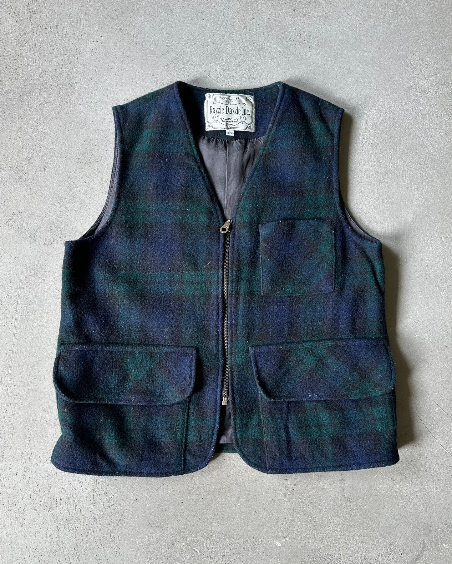 1990s - Navy/Green Plaid Wool Vest - S