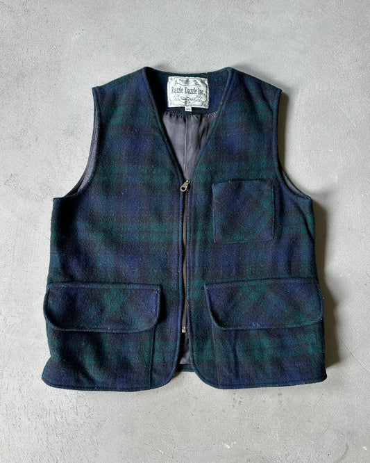 1990s - Navy/Green Plaid Wool Vest - S