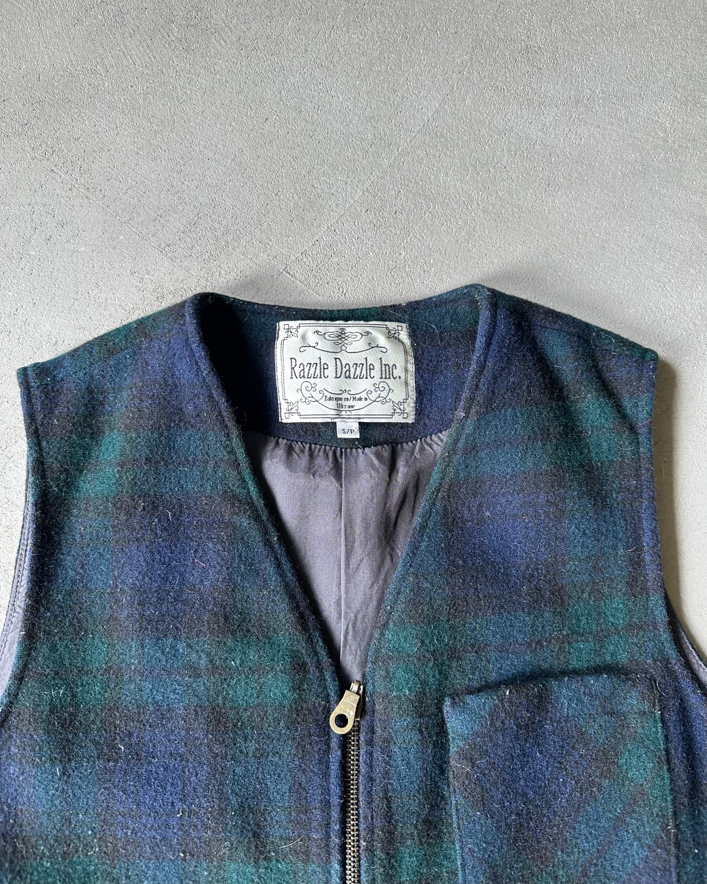 1990s - Navy/Green Plaid Wool Vest - S