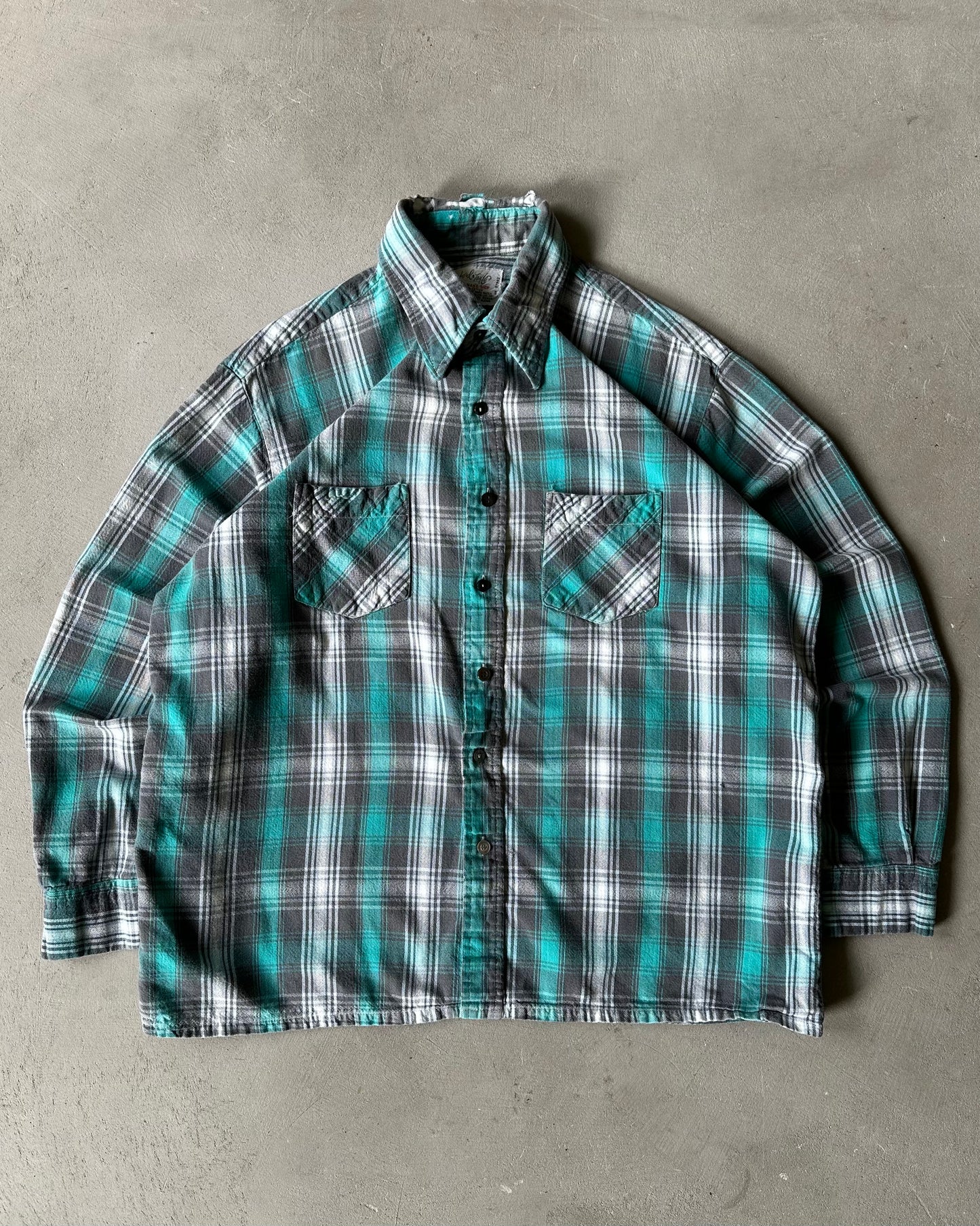 1970s - Teal/Grey Lord & Taylor Plaid Flannel - L