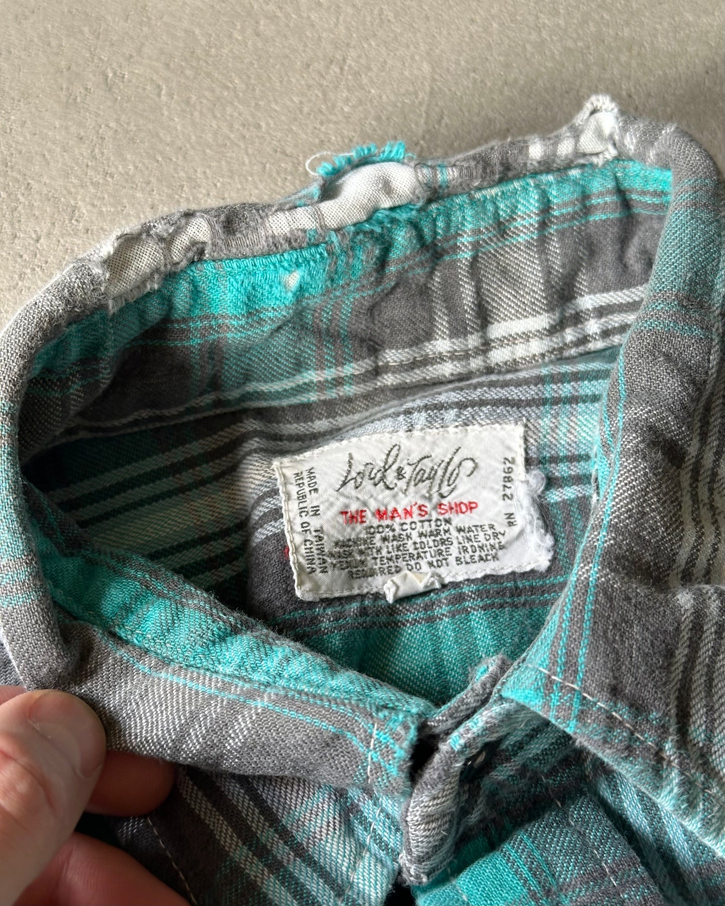 1970s - Teal/Grey Lord & Taylor Plaid Flannel - L