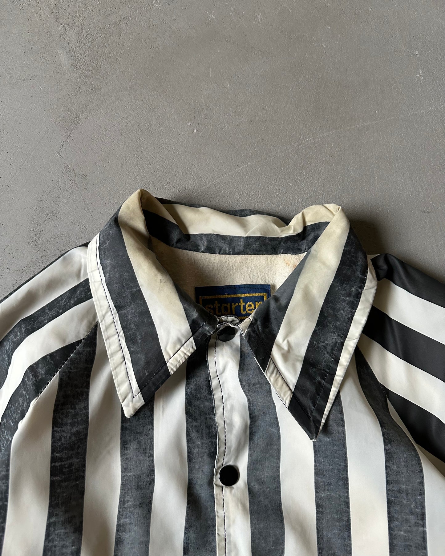 1970s - Distressed Black/White Starter Striped Windbreaker - L