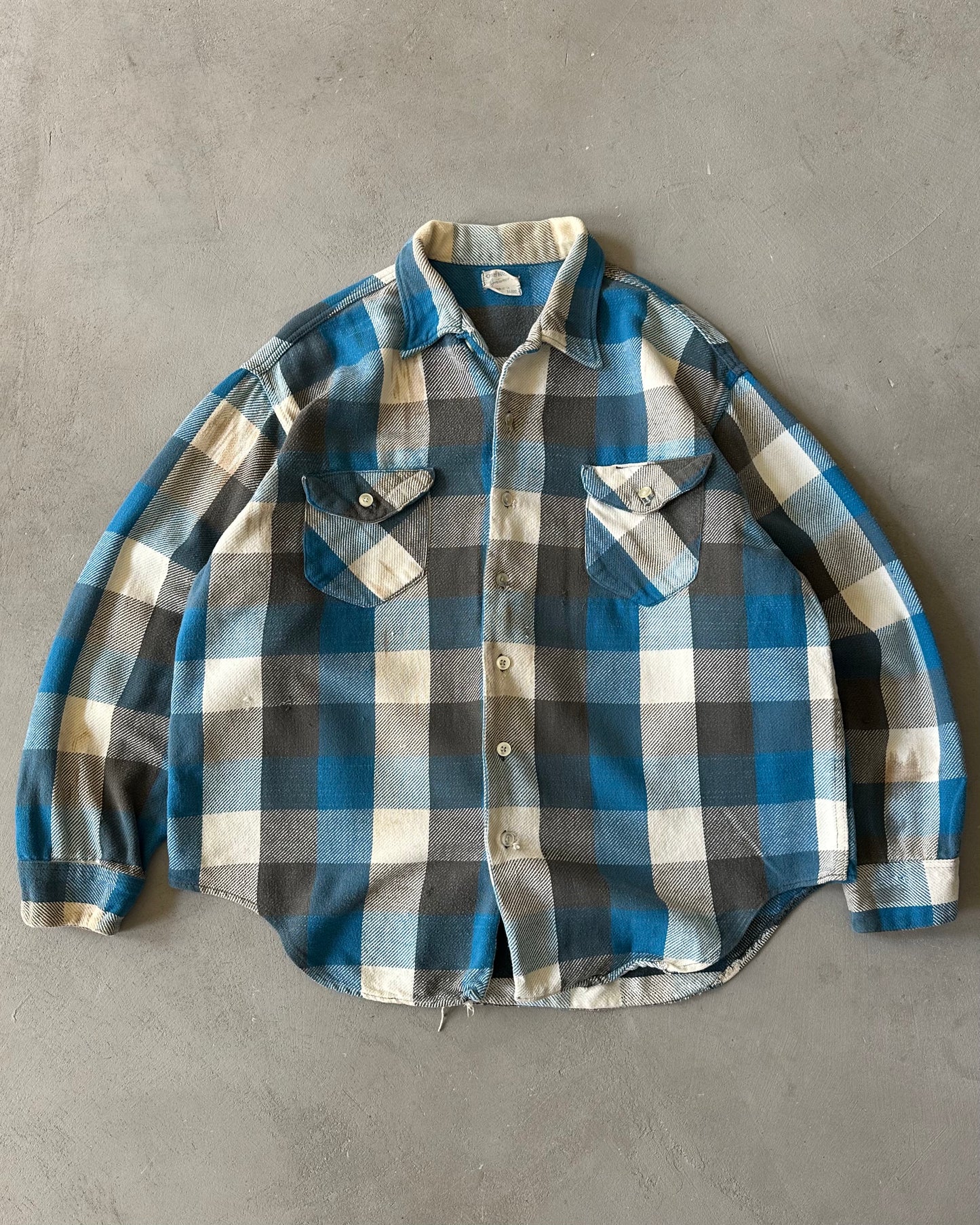1960s - Distressed Blue/Charcoal OshKosh Plaid Flannel - L