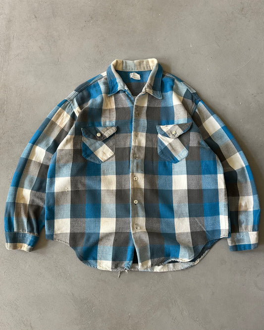 1960s - Distressed Blue/Charcoal OshKosh Plaid Flannel - L