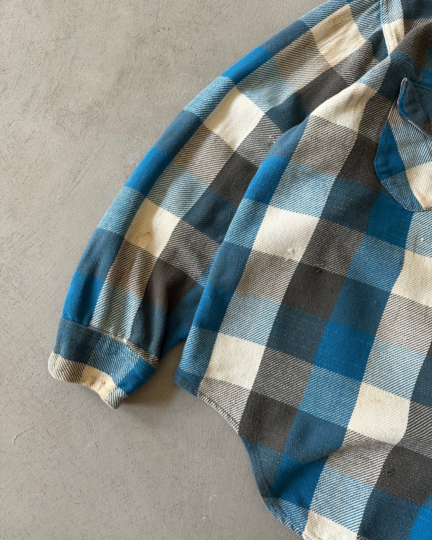 1960s - Distressed Blue/Charcoal OshKosh Plaid Flannel - L