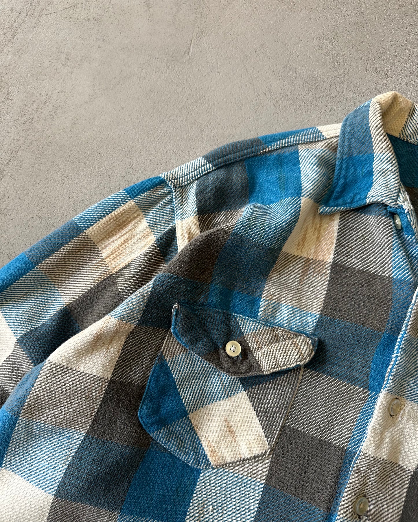 1960s - Distressed Blue/Charcoal OshKosh Plaid Flannel - L