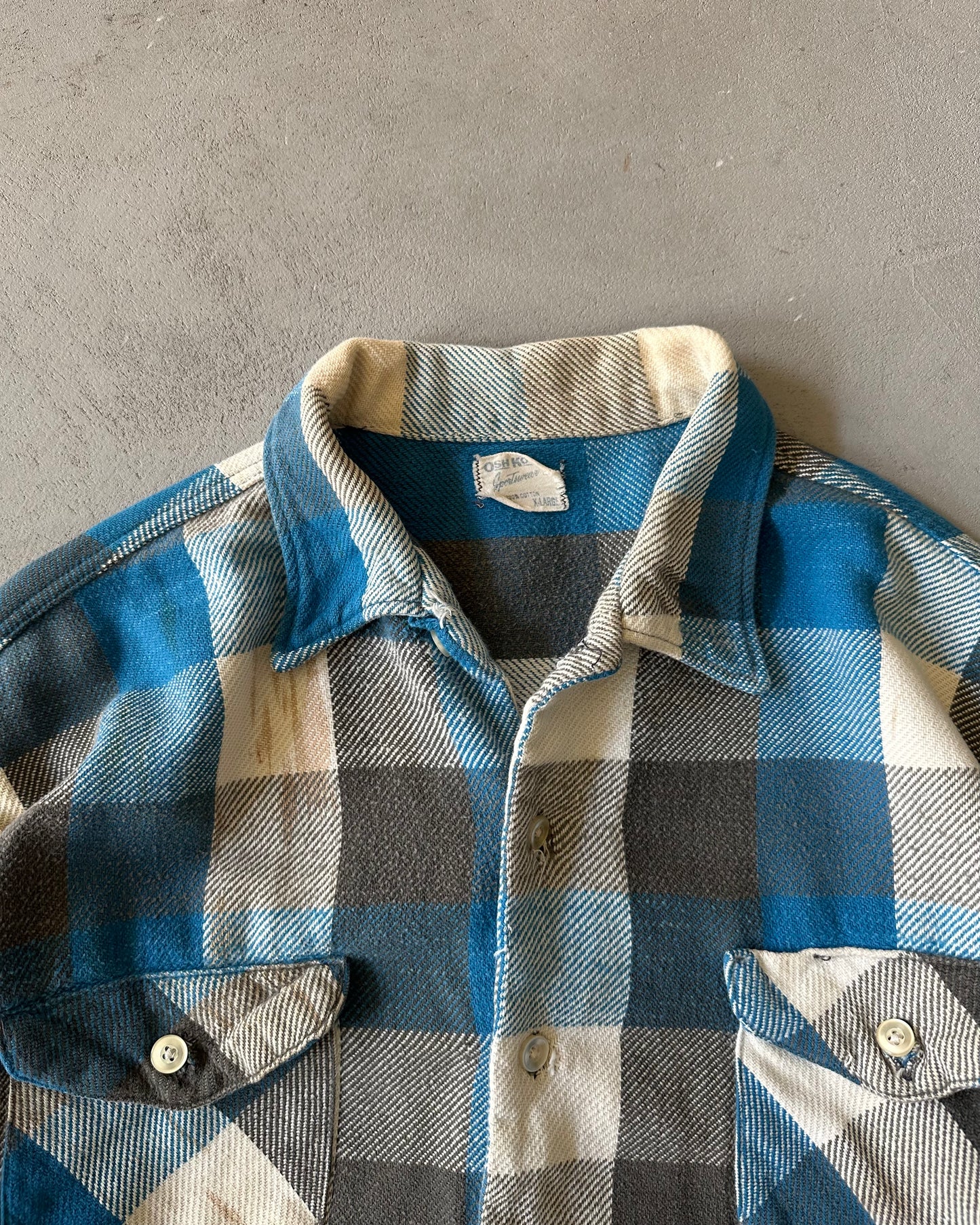 1960s - Distressed Blue/Charcoal OshKosh Plaid Flannel - L