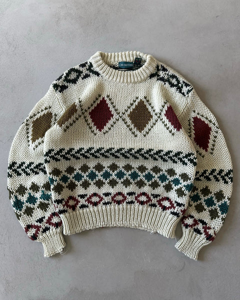 1990s - Light Grey/Green Mosaic Sweater - L