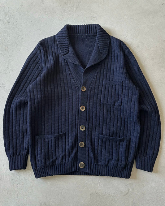 1980s - Navy Wool Ribbed Cardigan - L