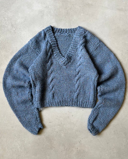 Années 1980 - Pull court en laine tricoté main bleu - (F)M