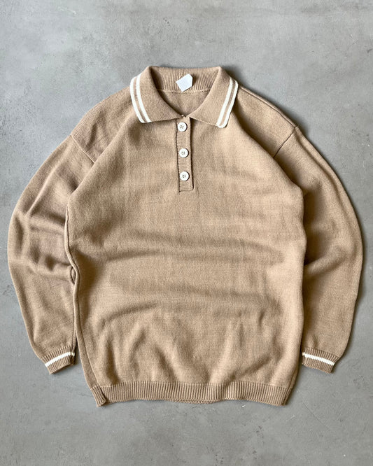 Années 70 - Polo manches longues en maille beige/crème - M