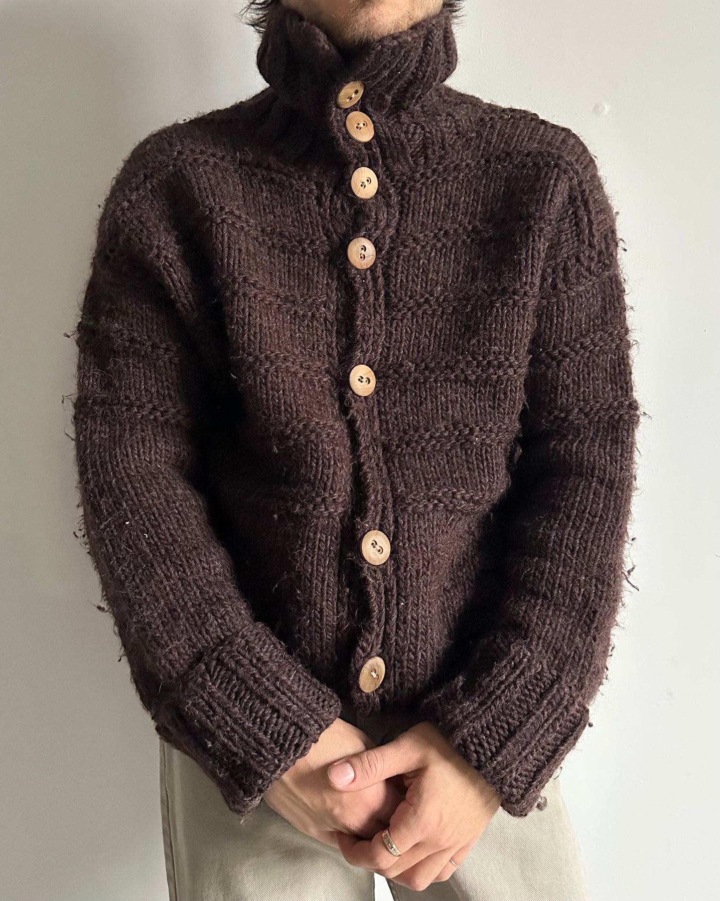 1970s - Brown Handknit Wool Collared Sweater - S/M