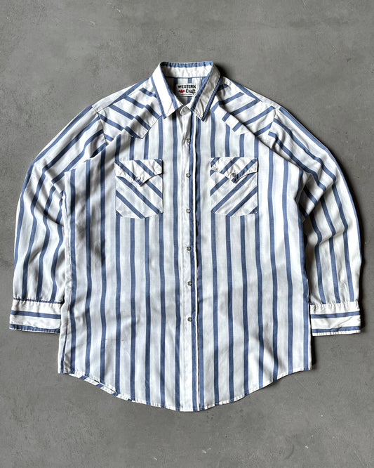 1990s - White/Blue Striped Western Shirt - XL