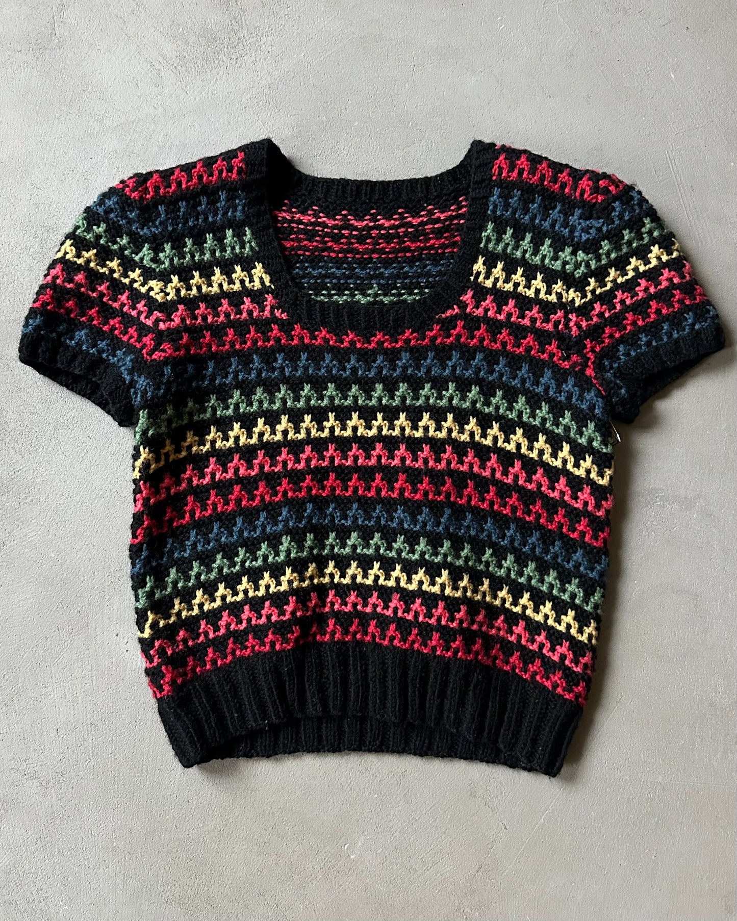 1980s - Black/Multi Handknit Women's Sweater - (W)S/M